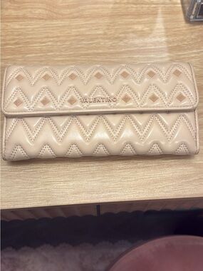 Valentino Chevron Quilted Light Beige Leather Wallet with Stud Accents